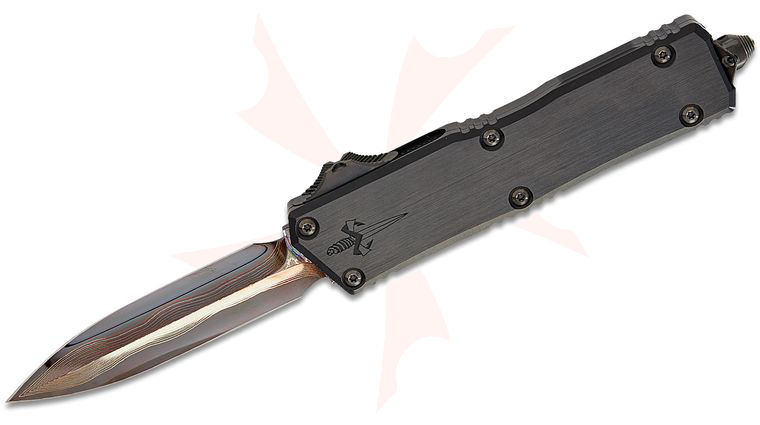 Microtech 1280-16BFVFTMDLC-MCK Signature Series Marfione Select Scarab Gen III AUTO OTF Knife 3.95 inch Baker Forge/VF TigerMai Damascus Double Edge Dagger Blade, Black Hefted Aluminum Handles, DLC Hardcut Hardware