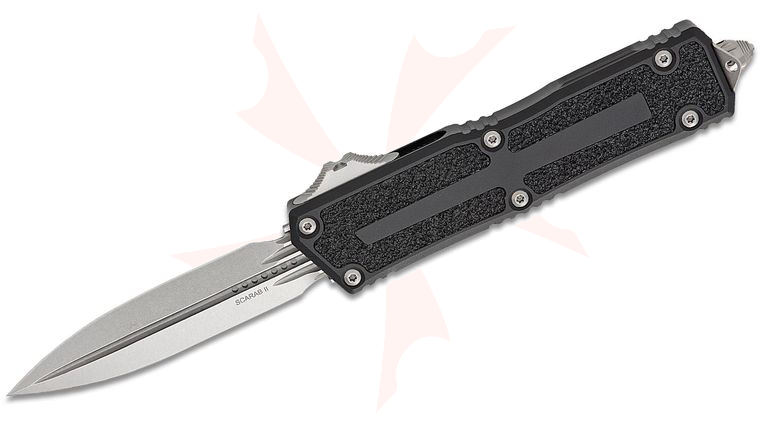 Microtech 1280-10 Scarab Gen III AUTO OTF Knife 3.95 inch  M390MK Stonewashed Double Edge Dagger Blade, Black Aluminum with Black Traction Inlays
