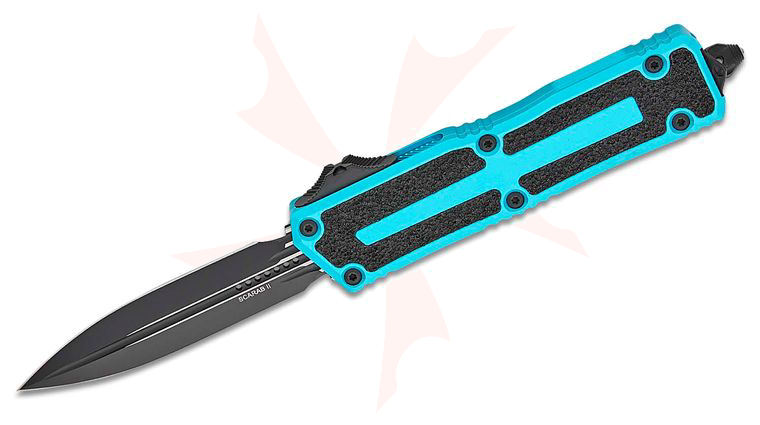 Microtech 1280-1TQ Scarab Gen III AUTO OTF Knife 3.95 inch  M390MK Black Double Edge Dagger Blade, Turquoise Aluminum with Black Traction Inlays