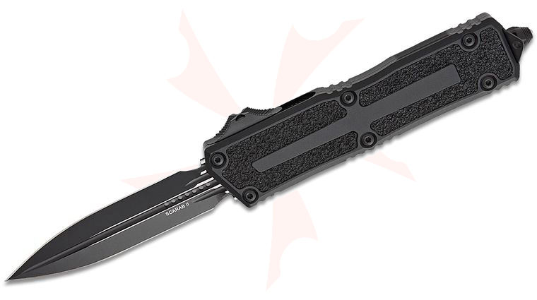 Microtech 1280-1T Scarab Gen III Tactical AUTO OTF Knife 3.95 inch  M390MK Black Double Edge Dagger Blade, Black Aluminum with Black Traction Inlays