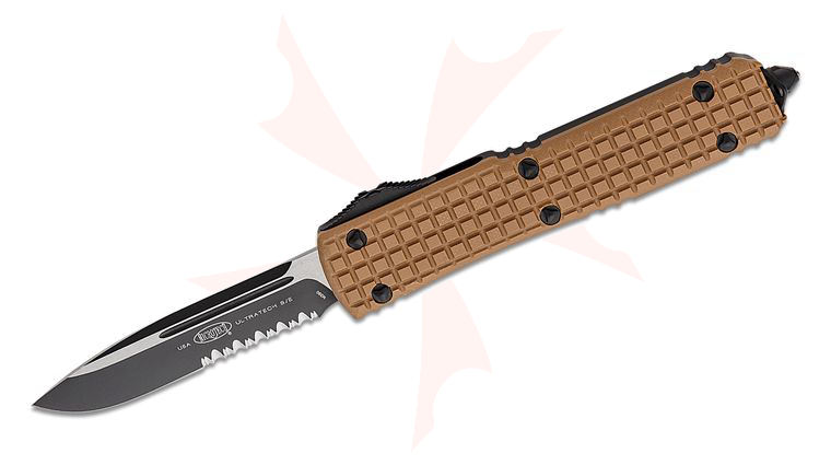 Microtech 121-2FRGTTAS Signature Series Ultratech Tactical AUTO OTF Knife 3.46 inch Black Drop Point Combo Blade, Black Aluminum Handles with Tan Frag G10 Top