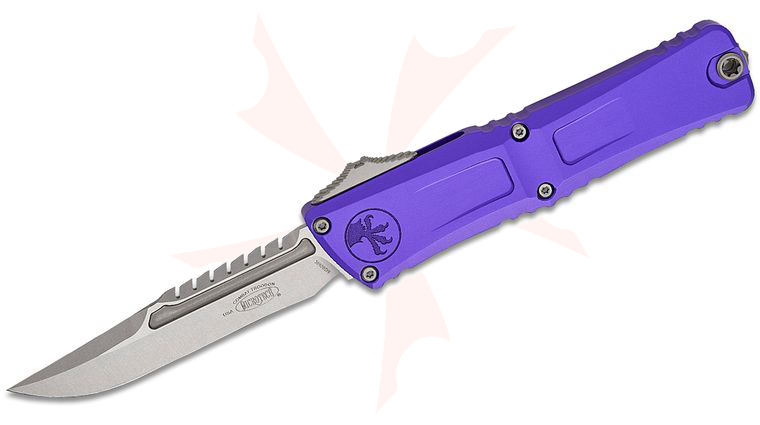 Microtech 1217-10PUS Signature Series Combat Troodon Interceptor Gen III AUTO OTF Knife 4.125 inch M390MK Stonewashed Double Edge Sawback Bowie Blade, Purple Deep Engraved Aluminum Handles