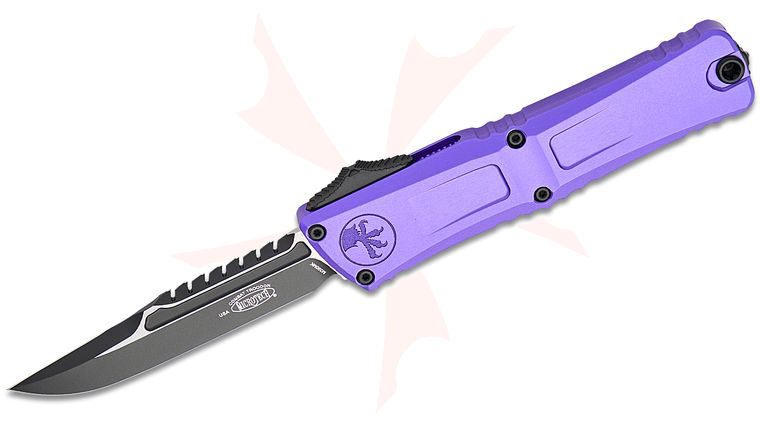 Microtech 1217-1PUS Signature Series Combat Troodon Interceptor Gen III Tactical AUTO OTF Knife 4.125 inch M390MK Black Double Edge Sawback Bowie Blade, Purple Deep Engraved Aluminum Handles