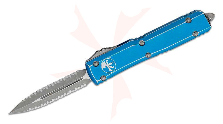 Microtech 122-D12DBL Ultratech AUTO OTF 3.46 inch Apocalyptic Double Serrated Edge Dagger Blade, Distressed Blue Aluminum Handles