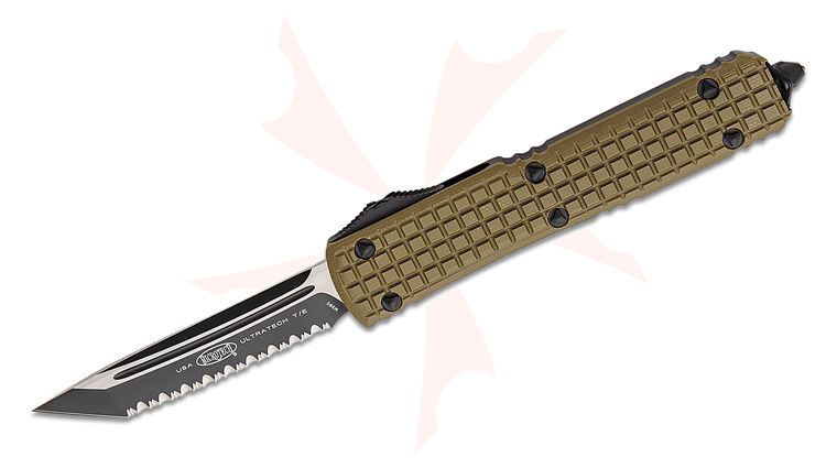 Microtech 123-3FRGTODS Signature Series Ultratech Tactical AUTO OTF Knife 3.46 inch Black Tanto Serrated Blade, Black Aluminum Handles with OD Green Frag G10 Top