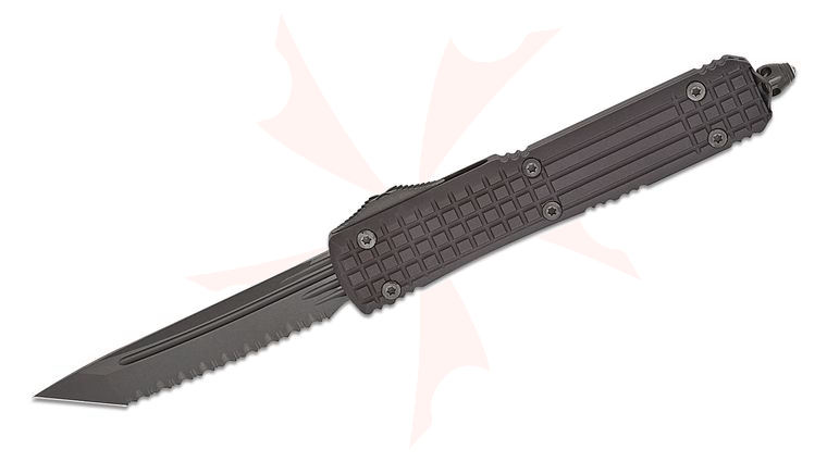Microtech 123-3UT-DSH Ultratech Shadow Frag AUTO OTF 3.46 inch Black DLC Tanto Serrated Blade, Black Aluminum Handle with Nickel Boron Internals