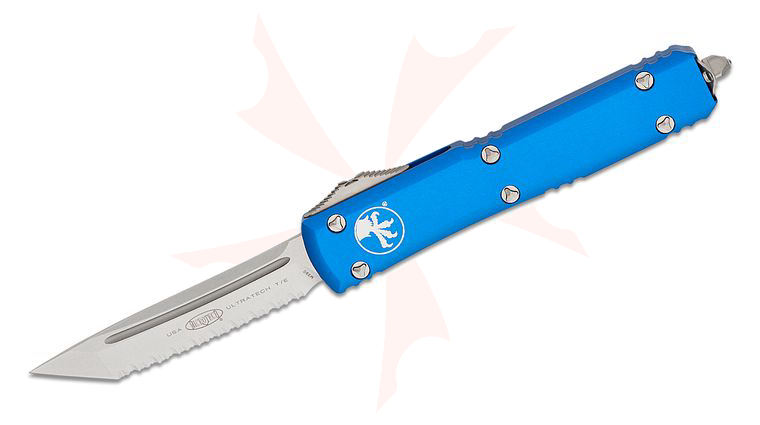 Microtech 123-12BL Ultratech AUTO OTF Knife 3.46 inch Stonewashed Tanto Serrated Blade, Blue Aluminum Handles
