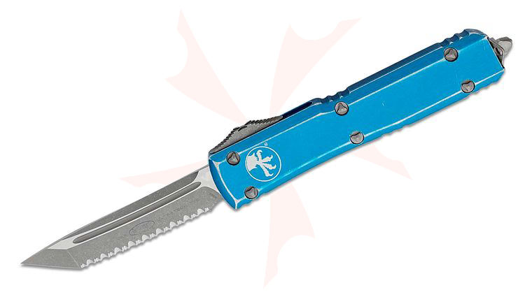 Microtech 123-12DBL Ultratech AUTO OTF Knife 3.46 inch Stonewashed Serrated Tanto Blade, Distressed Blue Aluminum Handles
