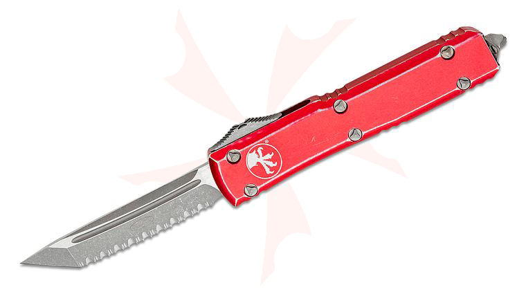 Microtech 123-12DRD Ultratech AUTO OTF Knife 3.46 inch Stonewashed Tanto Serrated Blade, Distressed Red Aluminum Handles