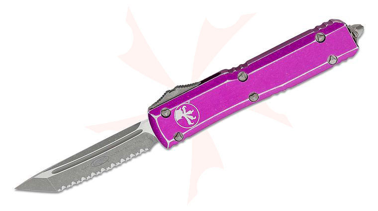 Microtech 123-12DVI Ultratech AUTO OTF Knife 3.46 inch Stonewashed Serrated Tanto Blade, Distressed Violet Aluminum Handles
