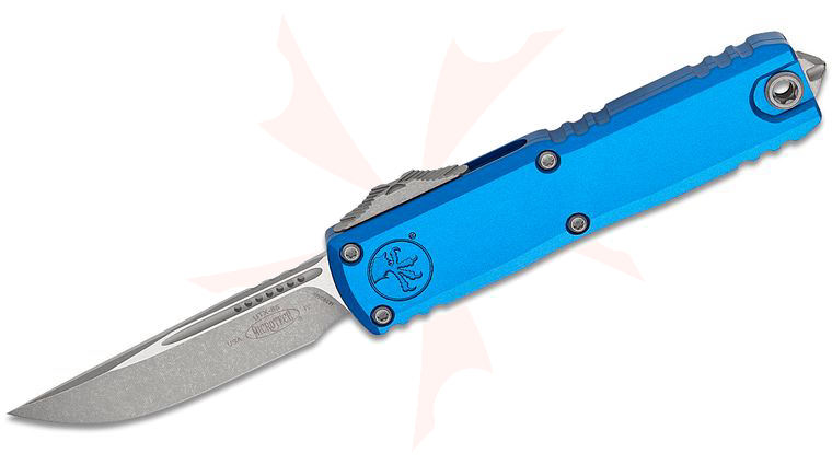 Microtech 12314-10APBL UTX-85 Gen IV OTF AUTO Knife 3 inch M390MK Apocalyptic Drop Point Blade, Blue Machined Aluminum Handles