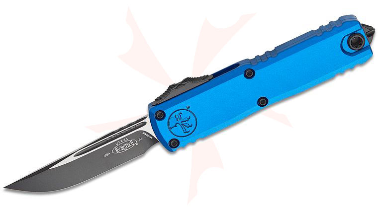 Microtech 12314-1BL UTX-85 Gen IV OTF AUTO Knife 3 inch M390MK Black Drop Point Blade, Blue Machined Aluminum Handles