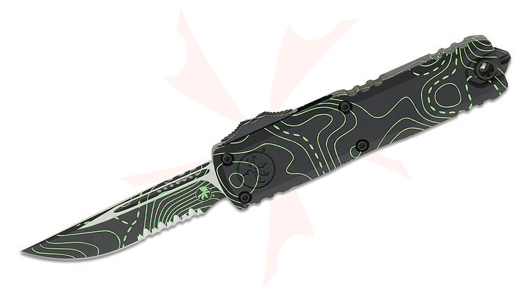 Microtech 12314-2TPBKPGCS Signature Series UTX-85 Gen IV OTF AUTO Knife 3 inch M390MK Topographic Black/Parakeet Green Camo Drop Point Combo Blade and Machined Aluminum Handles