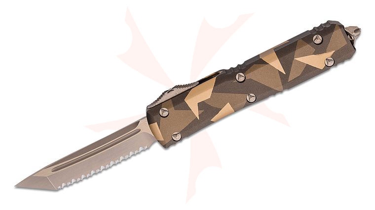 Microtech 123-15LPGETACS Signature Series Ultratech AUTO OTF 3.46 inch Bronze Tanto Serrated Blade, Tan Geo Camo Aluminum Handles