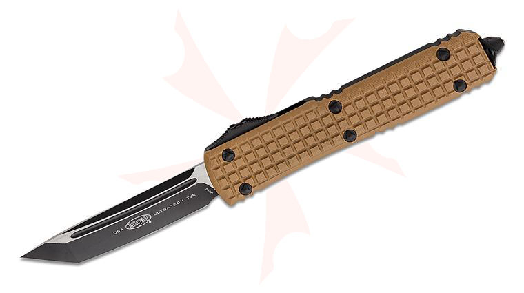 Microtech 123-1FRGTTAS Signature Series Ultratech Tactical AUTO OTF Knife 3.46 inch Black Tanto Serrated Blade, Black Aluminum Handles with Tan Frag G10 Top