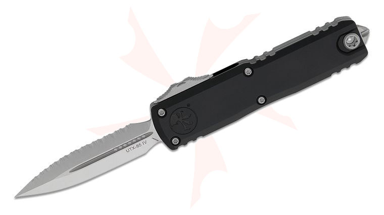 Microtech 12324-6 UTX-85 Gen IV OTF AUTO Knife 3 inch M390MK Satin Plain/Serrated Double Edge Dagger Blade, Black Machined Aluminum Handles