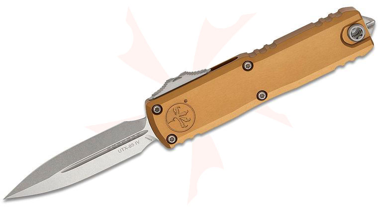 Microtech 12324-10TA UTX-85 Gen IV OTF AUTO Knife 3 inch M390MK Stonewashed Double Edge Dagger Blade, Tan Machined Aluminum Handles