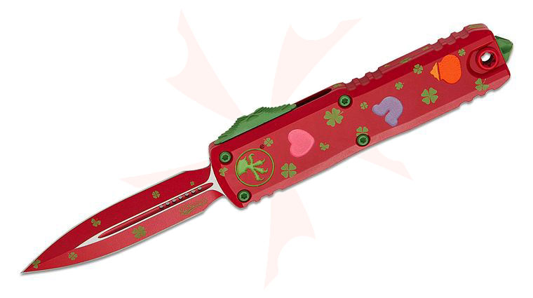 Microtech 12324-1SPDS Signature Series UTX-85 Gen IV Saint Patrick's Day OTF AUTO Knife 3 inch M390MK UV-Reactive Red Double Edge Dagger Blade and Machined Aluminum Handles