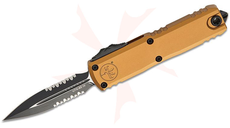 Microtech 12324-2TA UTX-85 Gen IV OTF AUTO Knife 3 inch M390MK Black Double Combo Edge Dagger Blade, Tan Machined Aluminum Handles