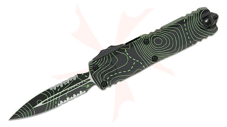 Microtech 12324-2TPBKPGCS Signature Series UTX-85 Gen IV OTF AUTO Knife 3 inch M390MK Topographic Black/Parakeet Green Camo Double Combo Edge Dagger Blade and Machined Aluminum Handles