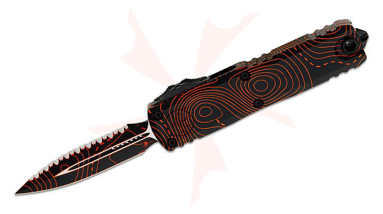 Microtech 12324-3TPBKORCS Signature Series UTX-85 Gen IV OTF AUTO Knife 3 inch M390MK Topographic Black/Orange Camo Plain/Serrated Double Edge Dagger Blade and Machined Aluminum Handles