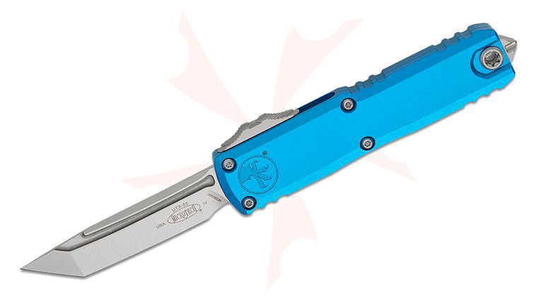 Microtech 12334-10BL UTX-85 Gen IV OTF AUTO Knife 3 inch M390MK Stonewashed Tanto Blade, Blue Machined Aluminum Handles