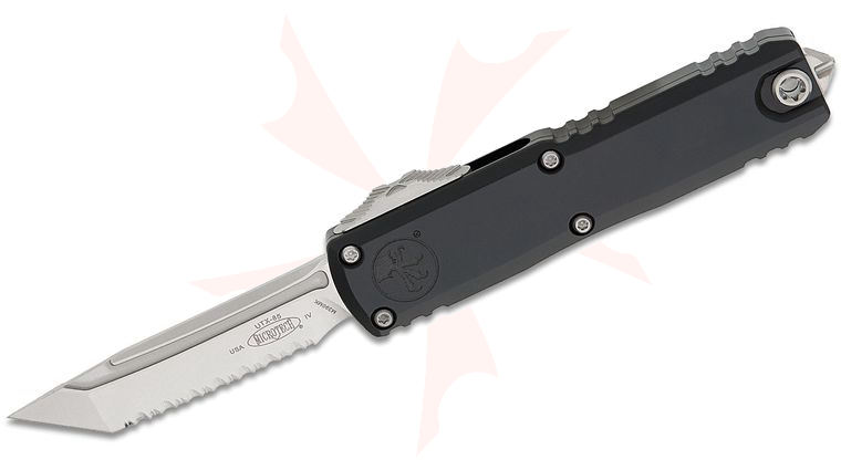 Microtech 12334-12 UTX-85 Gen IV OTF AUTO Folding Knife 3 inch M390MK Stonewashed Tanto Serrated Blade, Black Machined Aluminum Handles