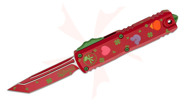 Microtech 12334-1SPDS Signature Series UTX-85 Gen IV Saint Patrick's Day OTF AUTO Knife 3 inch M390MK UV-Reactive Red Tanto Blade and Machined Aluminum Handles