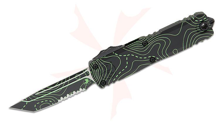 Microtech 12334-2TPBKPGCS Signature Series UTX-85 Gen IV OTF AUTO Knife 3 inch M390MK Topographic Black/Parakeet Green Camo Tanto Combo Blade and Machined Aluminum Handles