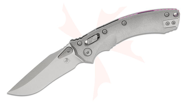 Microtech 137MRL-10MS3 Marfione Select Amphibian Mini RAM-LOK Manual Folding Knife 3.25 inch M390MK Stonewashed Clip Point Plain Blade and Slab Titanium Handles, Purple Accent