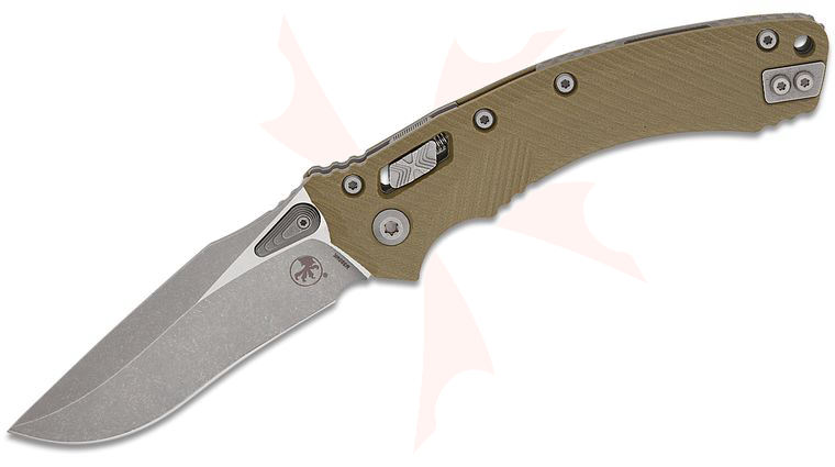 Microtech Amphibian RAM-LOK Manual Folding Knife 3.875 inch Bohler M390MK Apocalyptic Clip Point Plain Blade, OD Green Fluted G10 Handles
