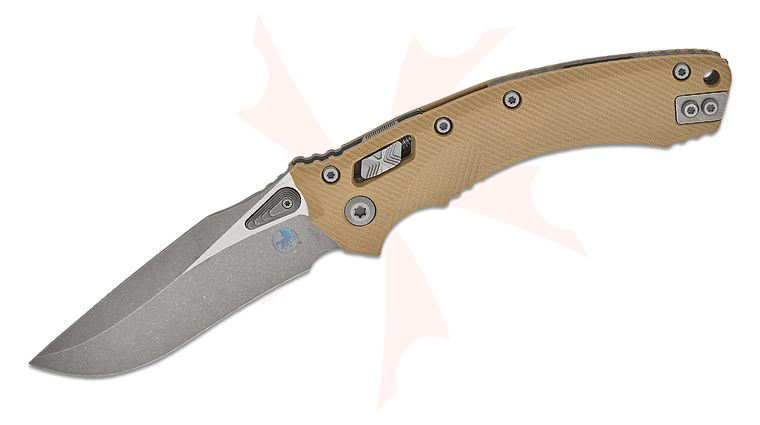Microtech Amphibian RAM-LOK Manual Folding Knife 3.875 inch Bohler M390MK Apocalyptic Clip Point Plain Blade, Tan Fluted G10 Handles