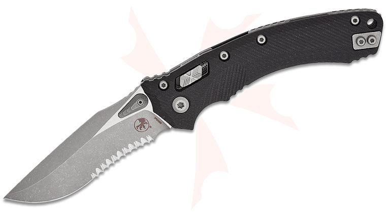 Microtech Amphibian RAM-LOK Manual Folding Knife 3.875 inch Bohler M390MK Apocalyptic Clip Point Combo Blade, Black Fluted G10 Handles