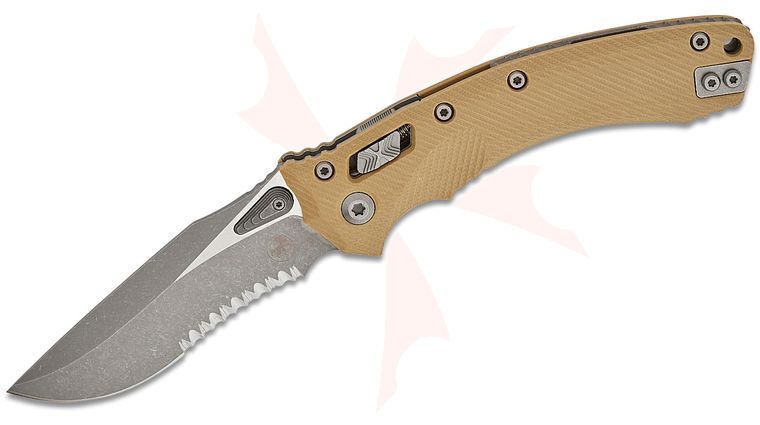 Microtech Amphibian RAM-LOK Manual Folding Knife 3.875 inch Bohler M390MK Apocalyptic Clip Point Combo Blade, Tan Fluted G10 Handles