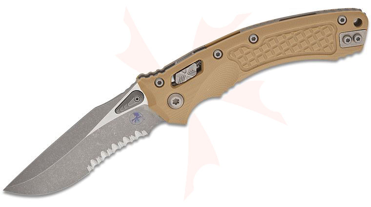 Microtech Amphibian RAM-LOK Manual Folding Knife 3.875 inch Bohler M390MK Apocalyptic Clip Point Combo Blade, Tan Frag G10 Handles