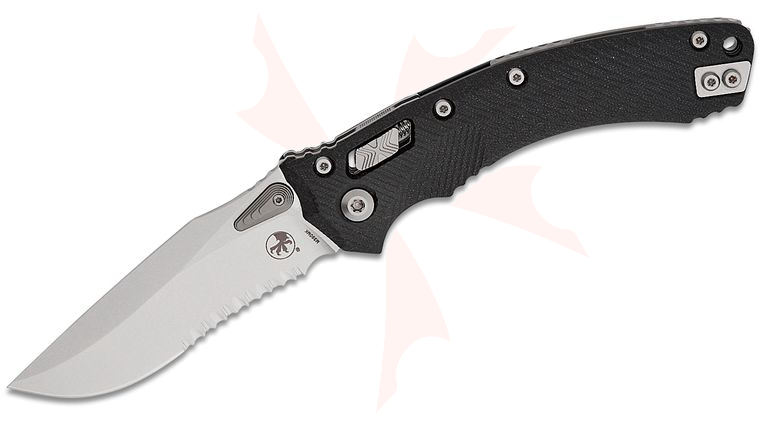 Microtech Amphibian RAM-LOK Manual Folding Knife 3.875 inch Bohler M390MK Stonewashed Clip Point Combo Blade, Black Fluted G10 Handles