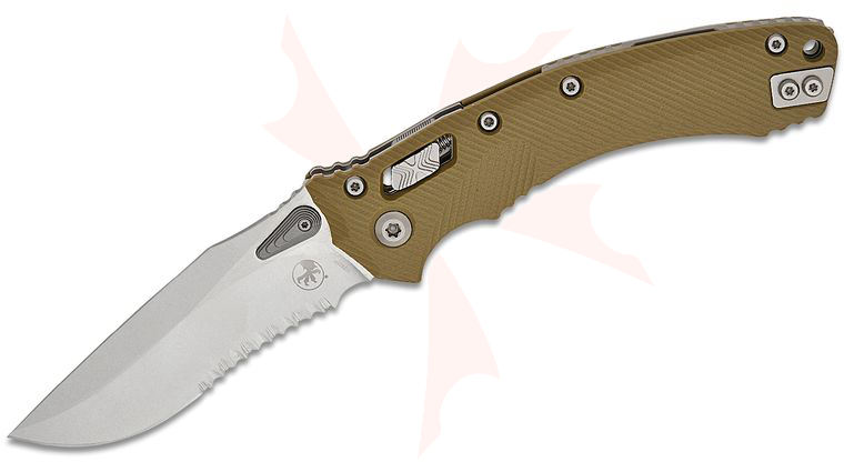 Microtech Amphibian RAM-LOK Manual Folding Knife 3.875 inch Bohler M390MK Stonewashed Clip Point Combo Blade, OD Green Fluted G10 Handles
