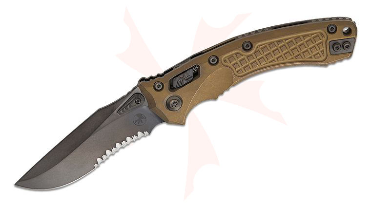 Microtech 137RL-2DLCTFRMS1 Marfione Select Amphibian RAM-LOK Manual Folding Knife 3.875 inch Bohler M390MK Black DLC Stonewashed Clip Point Combo Blade, Antique Bronze Frag Titanium Handles, DLC Titanium Accents
