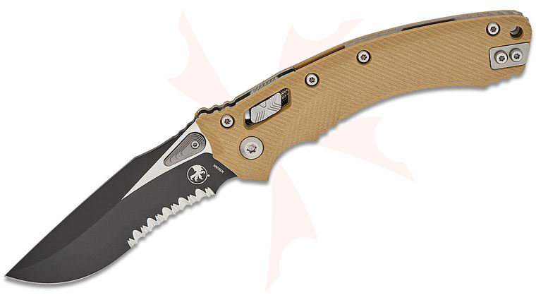 Microtech Amphibian RAM-LOK Manual Folding Knife 3.875 inch Bohler M390MK Black Clip Point Combo Blade, Tan Fluted G10 Handles