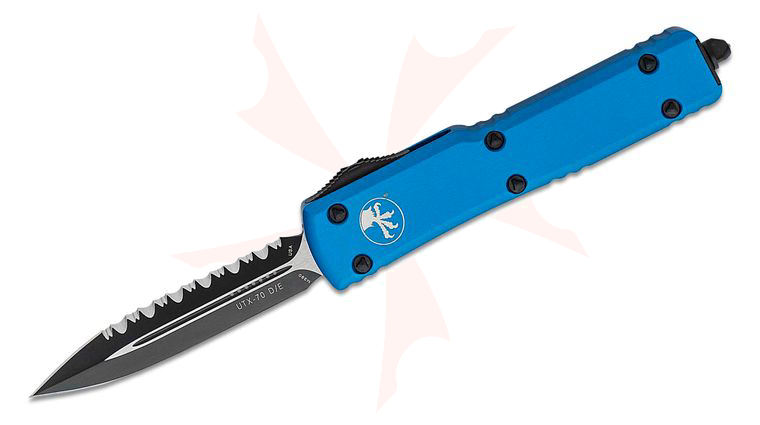 Microtech 147-3BL UTX-70 AUTO OTF 2.41 inch Black Plain & Serrated Double Edge Dagger Blade, Blue Aluminum Handles