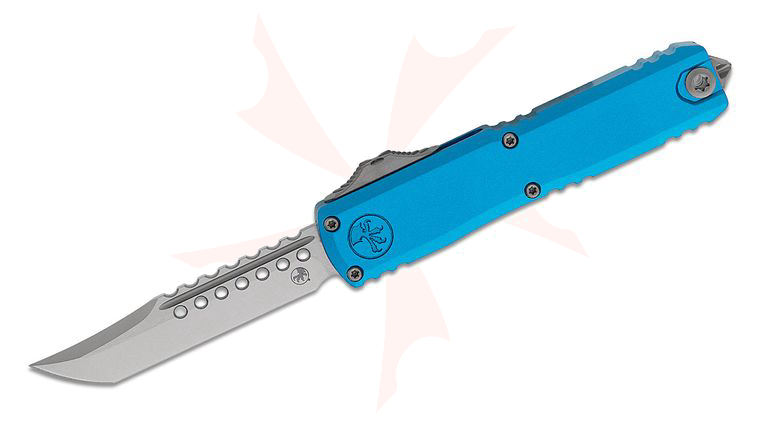 Microtech 14194-10BLS Signature Series UTX-70 Gen IV AUTO OTF Knife 2.5 inch M390MK Stonewashed Hellhound Tanto Blade, Blue Machined Aluminum Handles, Reversible Clip