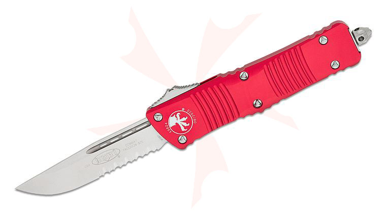 Microtech 143-11RD Combat Troodon AUTO OTF Knife 3.75 inch Stonewashed Drop Point Combo Blade, Red Aluminum Handles