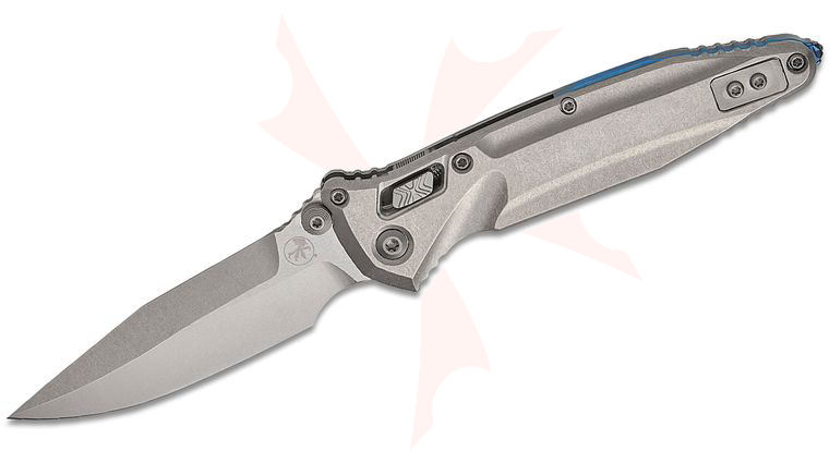 Microtech 159RL-10SMS3 Marfione Select Socom Delta RAM-LOK Folding Knife 4 inch M390MK Stonewashed Spear Point Blade and Contoured Titanium Handles, Blue Accents, Reversible Clip