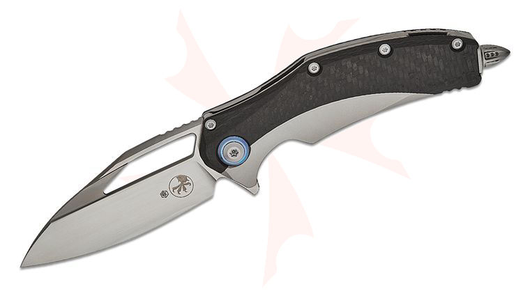 Microtech Matrix Manual Flipper Knife 3.77 inch M390 Hand Rubbed Modified Sheepsfoot Plain Blade, Bolstered Titanium Handles with Carbon Fiber Scales, Reversible Clip
