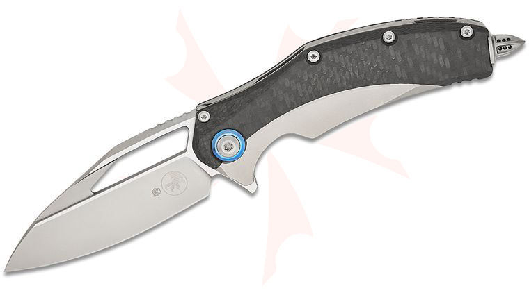 Microtech Matrix Manual Flipper Knife 3.77 inch M390 Blasted Modified Sheepsfoot Plain Blade, Bolstered Titanium Handles with Carbon Fiber Scales, Reversible Clip