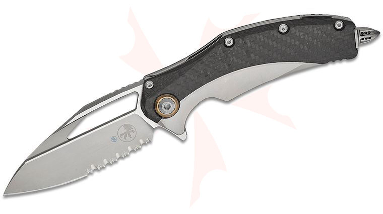 Microtech Matrix Manual Flipper Knife 3.77 inch M390 Blasted Modified Sheepsfoot Combo Blade, Bolstered Titanium Handles with Carbon Fiber Scales, Reversible Clip