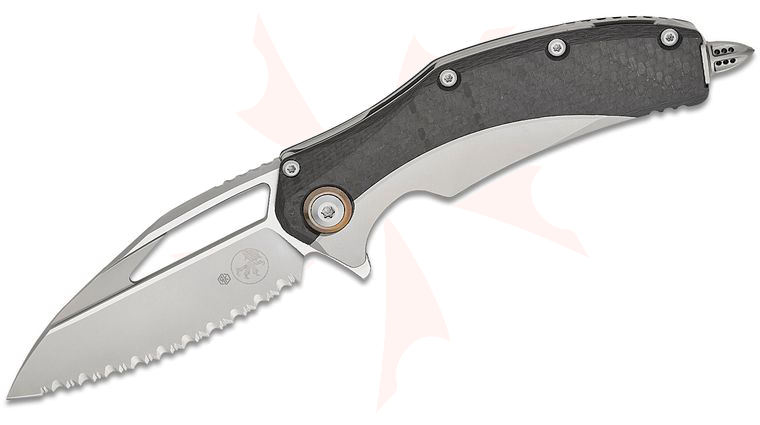 Microtech Matrix Manual Flipper Knife 3.77 inch M390 Blasted Modified Sheepsfoot Serrated Blade, Bolstered Titanium Handles with Carbon Fiber Scales, Reversible Clip