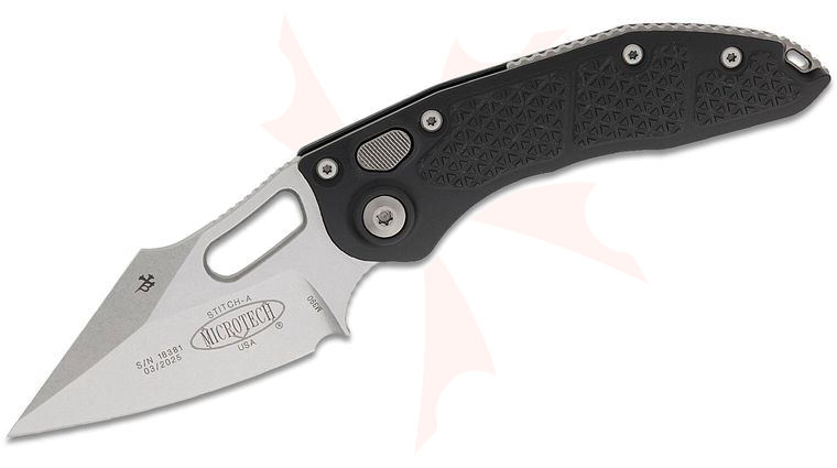 Microtech/Borka Blades 169-10 AUTO Stitch Folding Knife 3.625 inch Stonewashed Spear Point Blade, Black Aluminum Handles