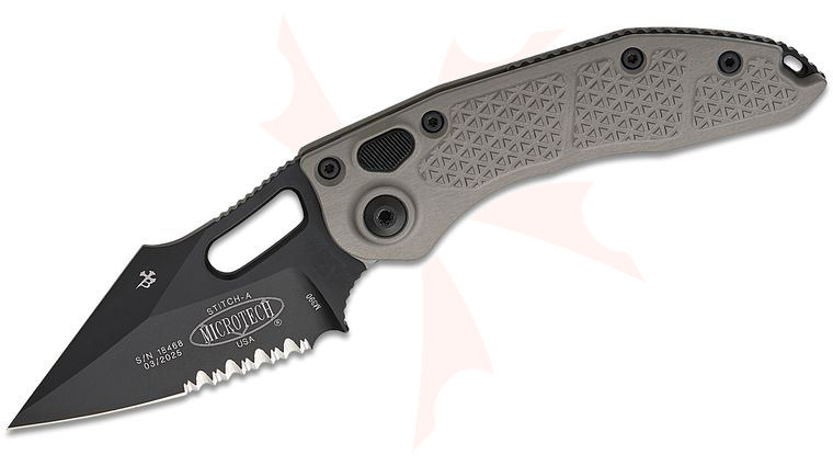 Microtech/Borka Blades 169-2NC AUTO Stitch 3.625 inch Black Spear Point Combo Blade, Natural Clear Aluminum Handles