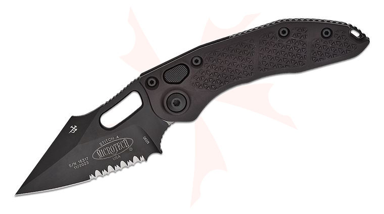 Microtech/Borka Blades 169-2T Tactical AUTO Stitch Folding Knife 3.625 inch Black DLC Spear Point Combo Blade, Black Aluminum Handles